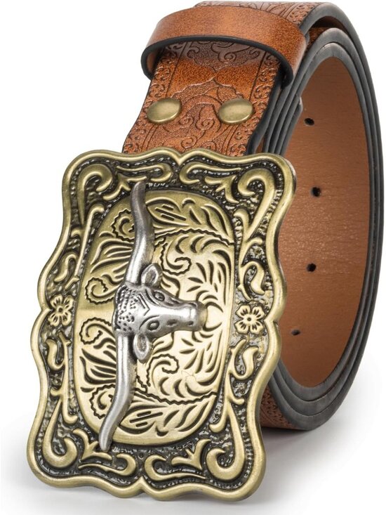 Accessories - Women's Brown 2 Western Pu Leather Longhorn Bull Turquoise Embossed Buckle Belt
